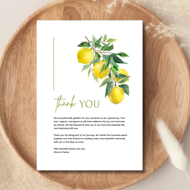 Mediterranean Italy Greece Lemon Vibrant Wedding Thank You Card (Creator Uploaded)