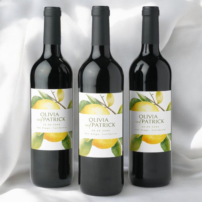 Mediterranean Italy Greece Lemon Vibrant Wedding Wine Label (Creator Uploaded)