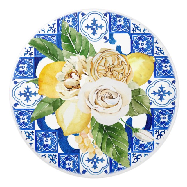 Mediterranean Italy Sicily blue tiles with lemons  Ceramic Knob (Front)