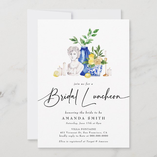 Mediterranean Italy Tiles Lemon Bridal Luncheon Invitation (Front)