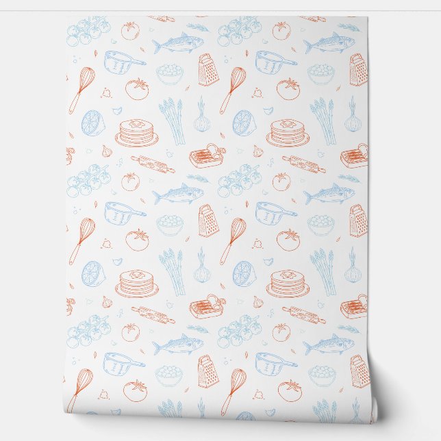 Mediterranean Kitchen Culinary Pattern Wallpaper (Unrolling)
