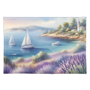Mediterranean Lavender Coast with Sailboats Cloth Placemat