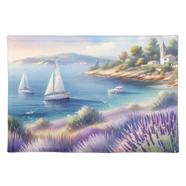 Mediterranean Lavender Coast with Sailboats Cloth Placemat (Front)