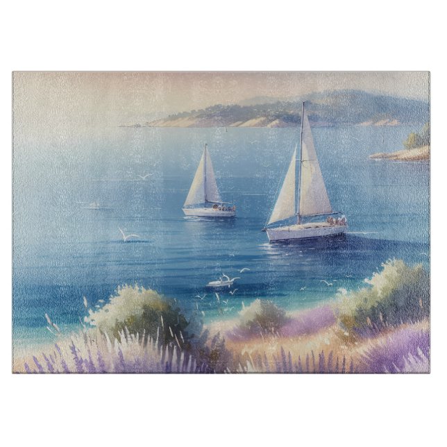 Mediterranean Lavender Coast with Sailboats Cutting Board (Front)