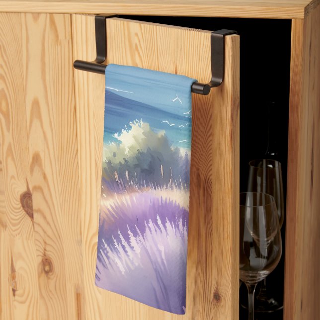 Mediterranean Lavender Coast with Sailboats Kitchen Towel (Thirds Fold)