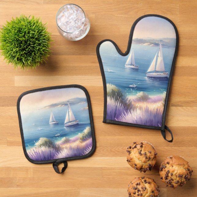 Mediterranean Lavender Coast with Sailboats Oven Mitt & Pot Holder Set (Top Down)