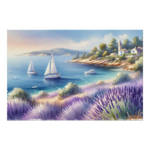 Mediterranean Lavender Coast with Sailboats Poster