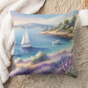 Mediterranean Lavender Coast with Sailboats Throw Pillow