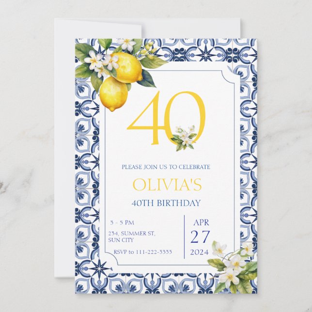 Mediterranean Lemon 40th Any Age Birthday  Invitation (Front)