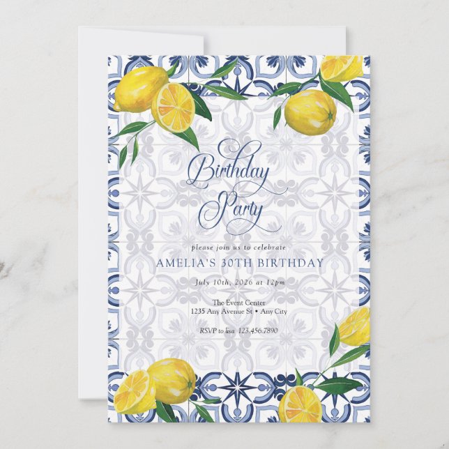 Mediterranean | Lemon | Adult Birthday invitations (Front)