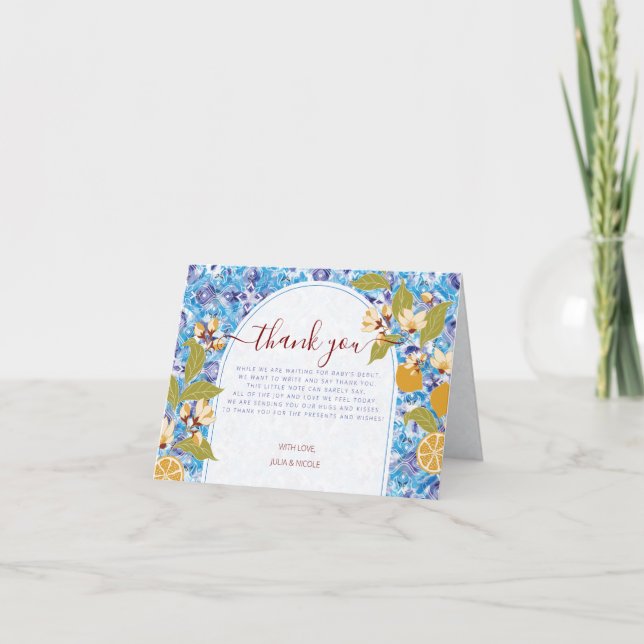 Mediterranean Lemon Amalfi Coast Baby Shower Thank You Card (Front)