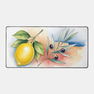 Mediterranean Lemon and Olive Branch Watercolor Desk Mat