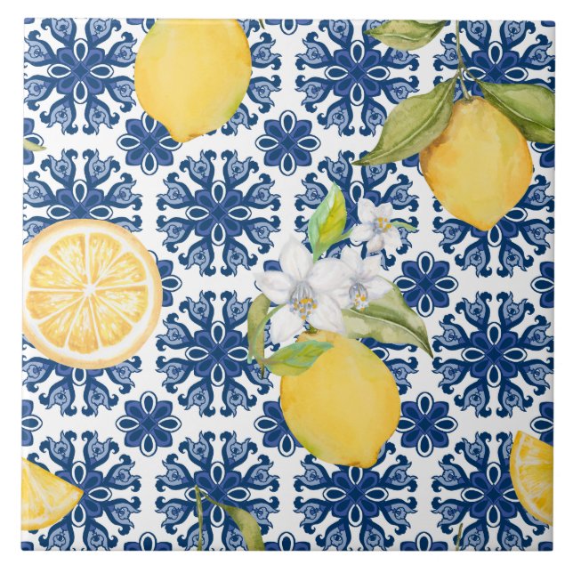 Mediterranean Lemon Azulejo Pattern  Ceramic Tile (Front)