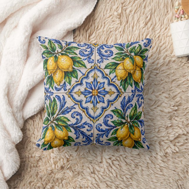 Mediterranean Lemon Azulejo Tile Throw Pillow (Blanket)