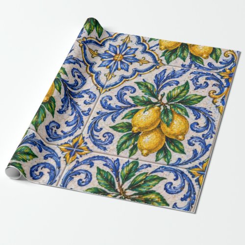 Mediterranean Lemon Azulejo Tile Wrapping Paper