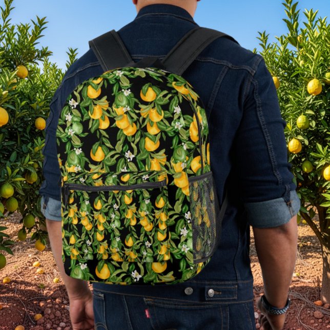 Mediterranean Lemon Baby Essentials Printed Backpack (Mediterranean Lemons Pattern on Black Backpack - Italian and Sicilian heritage gift)