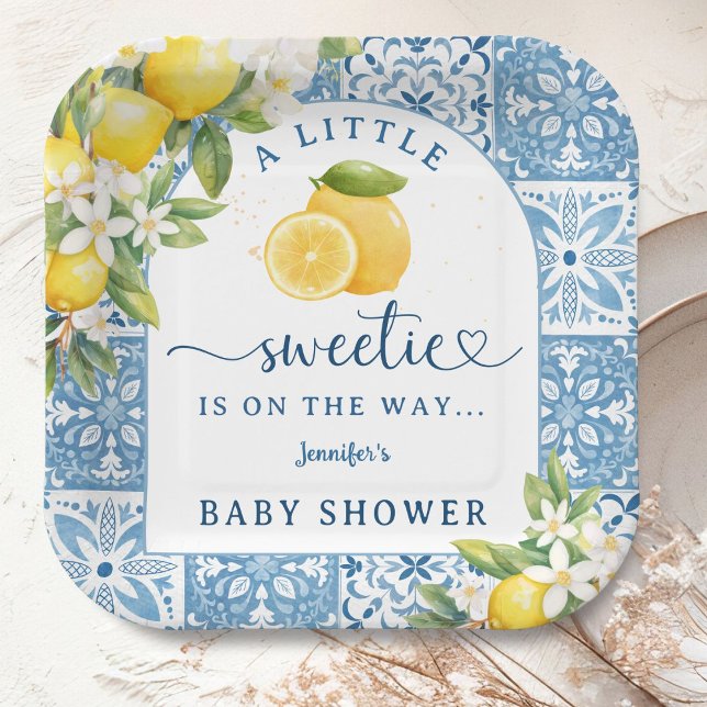 Mediterranean Lemon Baby Shower Blue Tiles Paper Plates (Creator Uploaded)