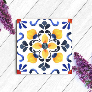 Mediterranean Lemon Blossom Hand Painted Portugues Ceramic Tile