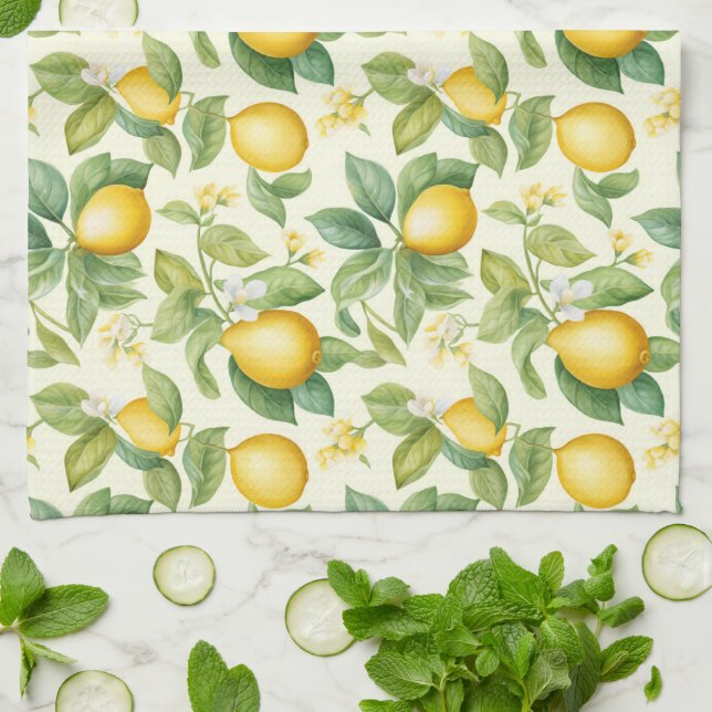Mediterranean Lemon Blossoms Citrus Kitchen Towel (Folded)