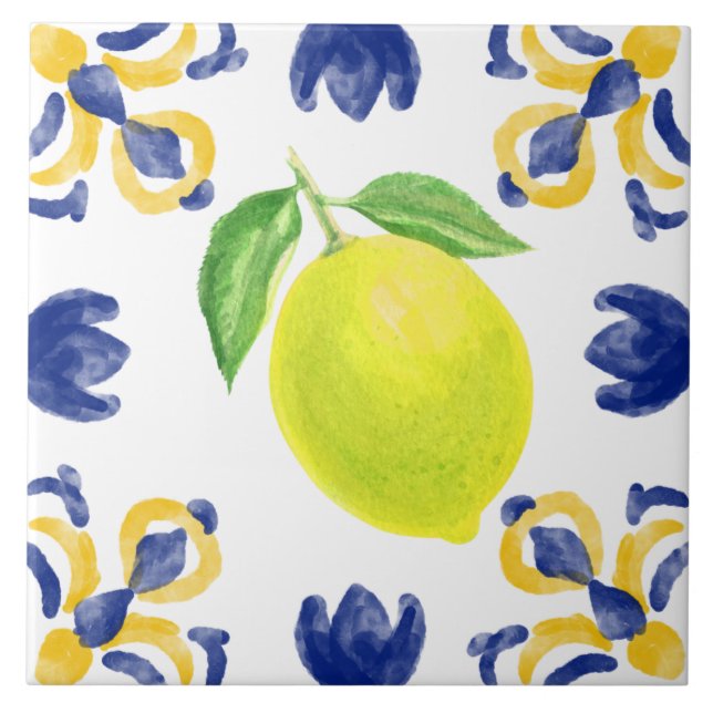 Mediterranean Lemon Blue And Yellow Ceramic Tile (Front)