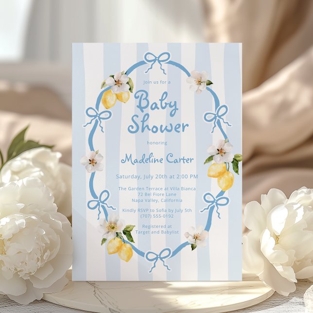 Mediterranean Lemon Blue Bows Baby Shower Invitation (Creator Uploaded)