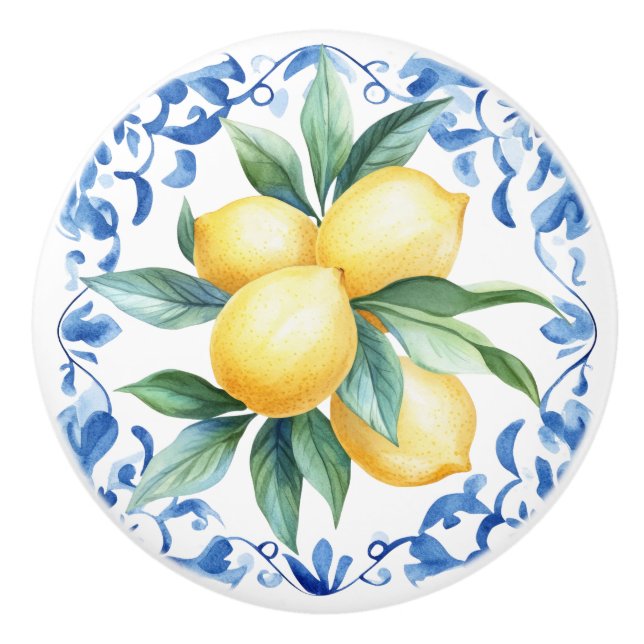Mediterranean Lemon Blue Ceramic Knob (Front)