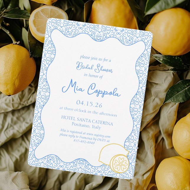 Mediterranean Lemon Blue Italian Bridal Shower Invitation (Creator Uploaded)