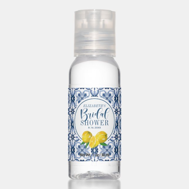 Mediterranean Lemon Blue Tile Bridal Shower Hand Sanitizer (Front)