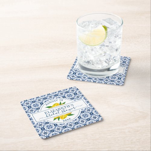Mediterranean Lemon Blue Tile Bridal Shower Square Paper Coaster