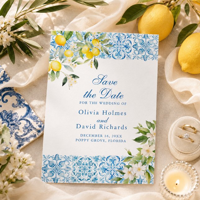 Mediterranean Lemon Blue Tile Coastal Save The Date (Mediterranean Lemon Blue Tile Coastal Save The Date)