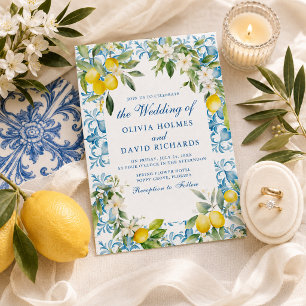 Mediterranean Lemon Blue Tile Coastal Wedding Invitation
