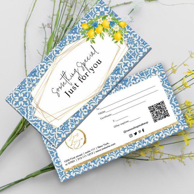 Mediterranean Lemon & Blue Tile Gift Card (Mediterranean Lemon & Blue Tile Gift Card #geometricframe#lemonfloral #bluetilegiftcard #rustic)