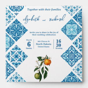 Mediterranean Lemon Blue Tile Pattern Wedding Mail Envelope