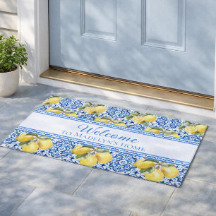 Mediterranean Lemon Blue Tile Personalized Welcome Doormat