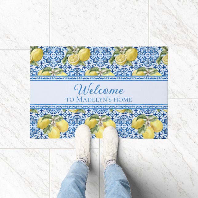 Mediterranean Lemon Blue Tile Personalized Welcome Doormat (Indoor)