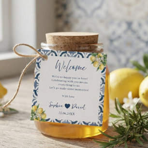 Mediterranean Lemon Blue Tile Wedding Favor Tag