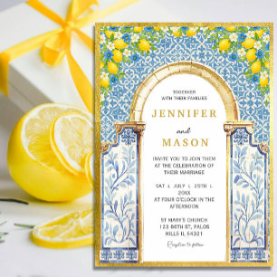 Mediterranean Lemon & Blue Tile Wedding Invitation