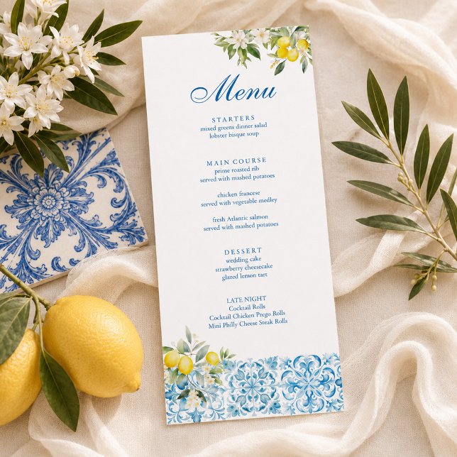 Mediterranean Lemon Blue Tile Wedding Menu (Mediterranean Lemon Blue Tile Wedding Menu)