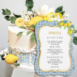 Mediterranean Lemon & Blue Tile Wedding Menu Invitation