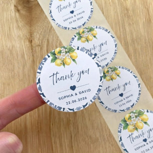 Mediterranean Lemon Blue Tile Wedding Thank You Classic Round Sticker