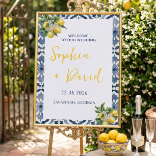 Mediterranean Lemon Blue Tile Wedding Welcome Sign