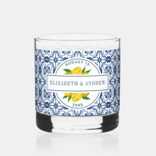 Mediterranean Lemon Blue Tile Wedding Whiskey Glass