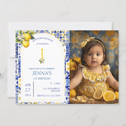 Mediterranean Lemon Blue Tiles 1st Photo Birthday  Invitation