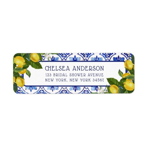 Mediterranean Lemon Blue Tiles Bridal Shower Label