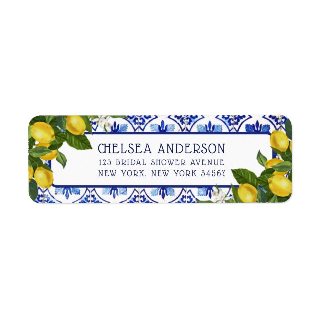 Mediterranean Lemon Blue Tiles Bridal Shower Label (Front)