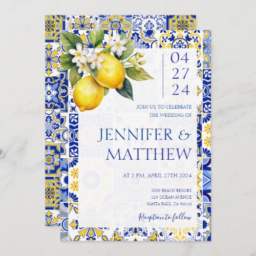 Mediterranean Lemon Blue Tiles Italian Wedding Invitation