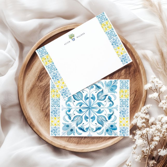 Mediterranean Lemon Blue Tiles Stationery Note Card (Creator Uploaded)