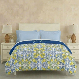 Mediterranean Lemon Blue Yellow Tile Pattern Duvet Cover