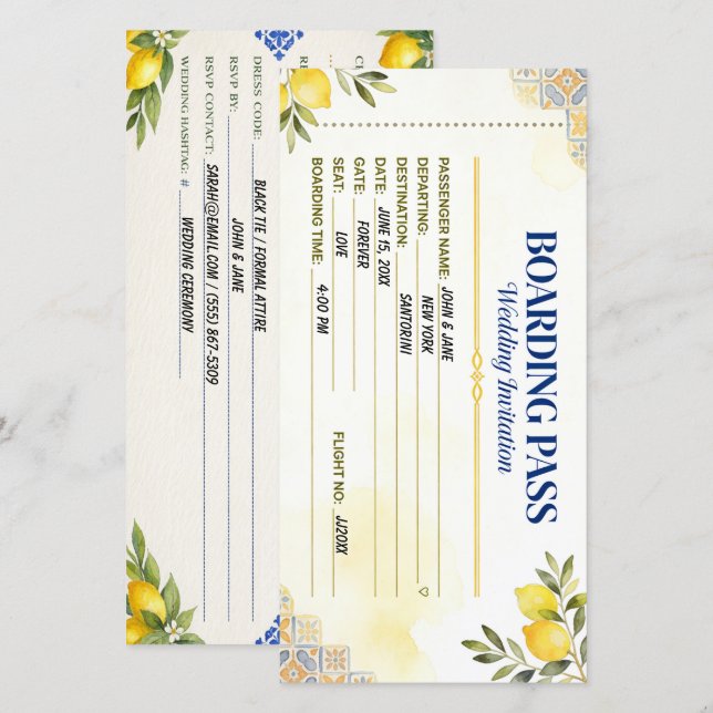 Mediterranean Lemon Boarding Pass Wedding Save The Date (Front/Back)