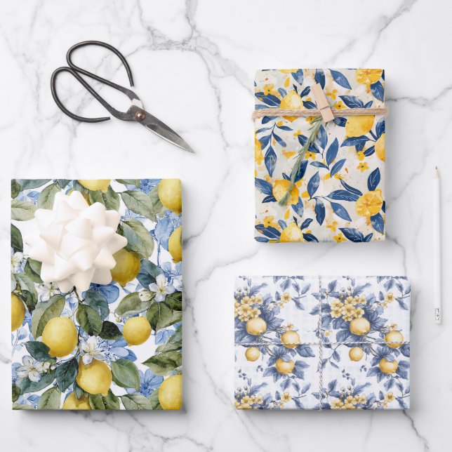 Mediterranean Lemon Botanical Citrus Pattern Wrapping Paper Sheets (Front)